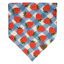 Load image into Gallery viewer, Blue Plaid Strawberries Pet Bandana
